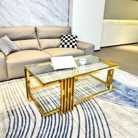 Golden Stainless Steel Coffee Table, Double-Layer, Clear Tempered Glass Coffee Table, for Bed Room, Living Room
