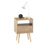 15.75" Rattan End table with Power Outlet & USB Ports , Modern nightstand with drawer and solid wood legs, side table for living room, bedroom,natural