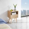 15.75" Rattan End table with Power Outlet & USB Ports , Modern nightstand with drawer and solid wood legs, side table for living room, bedroom,natural