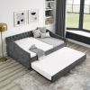 Full Size Daybed with Twin Size Trundle Upholstered Tufted Sofa Bed, with Button on Back and Copper Nail on Waved Shape Arms,Grey (80.5"x55.5"x27.5")