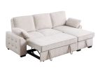 Mackenzie 91"W Beige Chenille Fabric Reversible Sleeper Sectional with Storage Chaise, Drop-Down Table, Cup Holders and Charging Ports