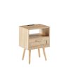 15.75" Rattan End table with Power Outlet & USB Ports , Modern nightstand with drawer and solid wood legs, side table for living room, bedroom,natural