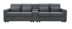 [VIDEO provided] [New] 114.2" Upholstered Sofa with Console, 2 Cupholders and 2 USB Ports Wired or Wirelessly Charged