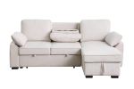 Mackenzie 91"W Beige Chenille Fabric Reversible Sleeper Sectional with Storage Chaise, Drop-Down Table, Cup Holders and Charging Ports