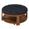 Modern Large Round Ottoman Coffee Table 2-Tier Oversized Button Tufted Ottoman with Wood Shelf Storage Upholstered Coffee Table for Living Room Footre