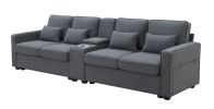 [VIDEO provided] [New] 114.2" Upholstered Sofa with Console, 2 Cupholders and 2 USB Ports Wired or Wirelessly Charged
