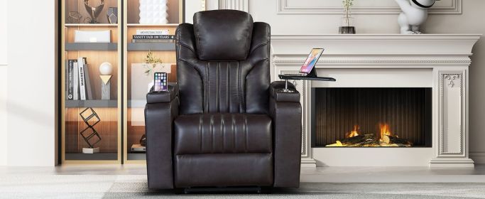 PU Leather Power Recliner Home Theater Recliner with Power Adjustable Headrest, Wireless Charging Device, USB Port, Storage Arms (Color: as Pic)