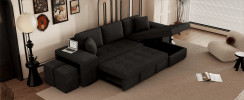 104.5" Modern L-Shape 3 Seat Reversible Sectional Couch, Pull Out Sleeper Sofa with Storage Chaise and 2 Stools for Living Room Furniture Set