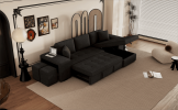 104.5" Modern L-Shape 3 Seat Reversible Sectional Couch, Pull Out Sleeper Sofa with Storage Chaise and 2 Stools for Living Room Furniture Set